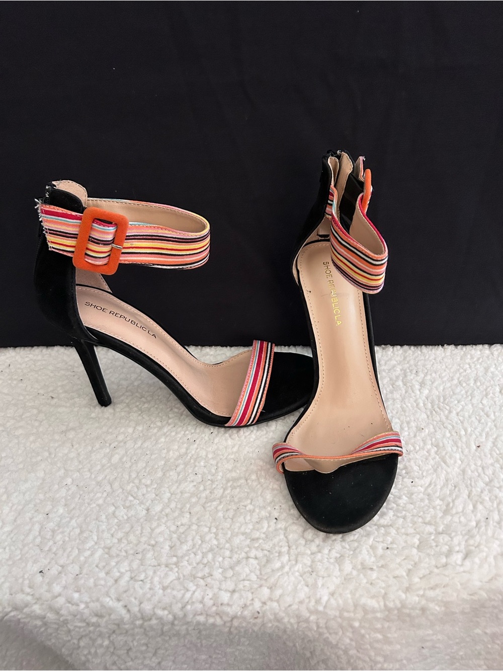Shoe Republic LA Black Heels with Multicolor Striped Ankle & Toe Straps